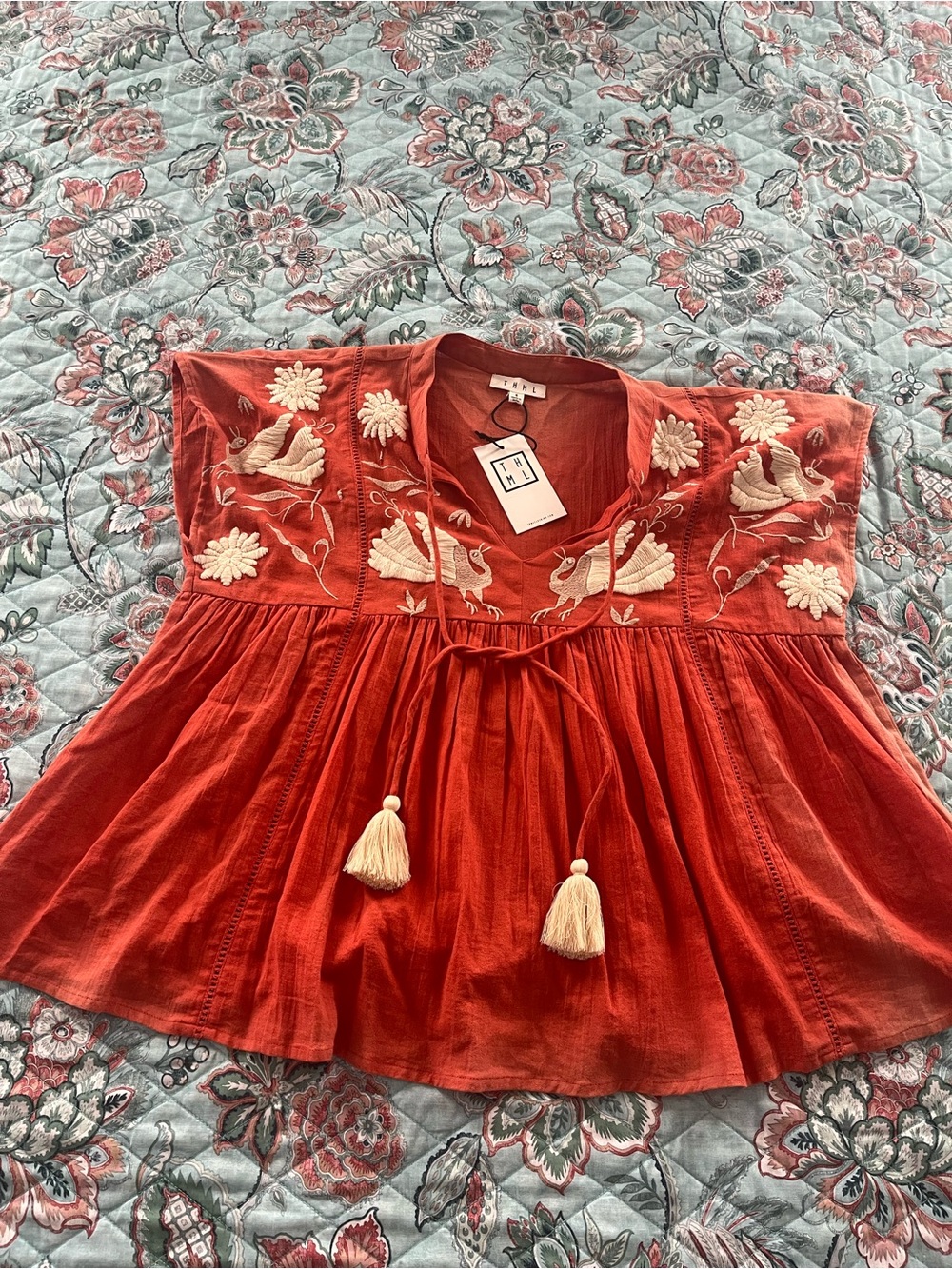 THML Womenβs Rust Red Embroidered Tassel blouse